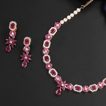 Radiant Ruby-Floral American Diamond Rose Gold Jewellery Set