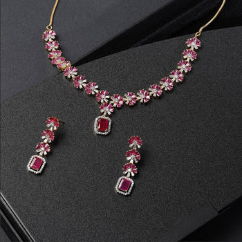 Pink Ruby American Diamond Gold Plated Jewellery Set